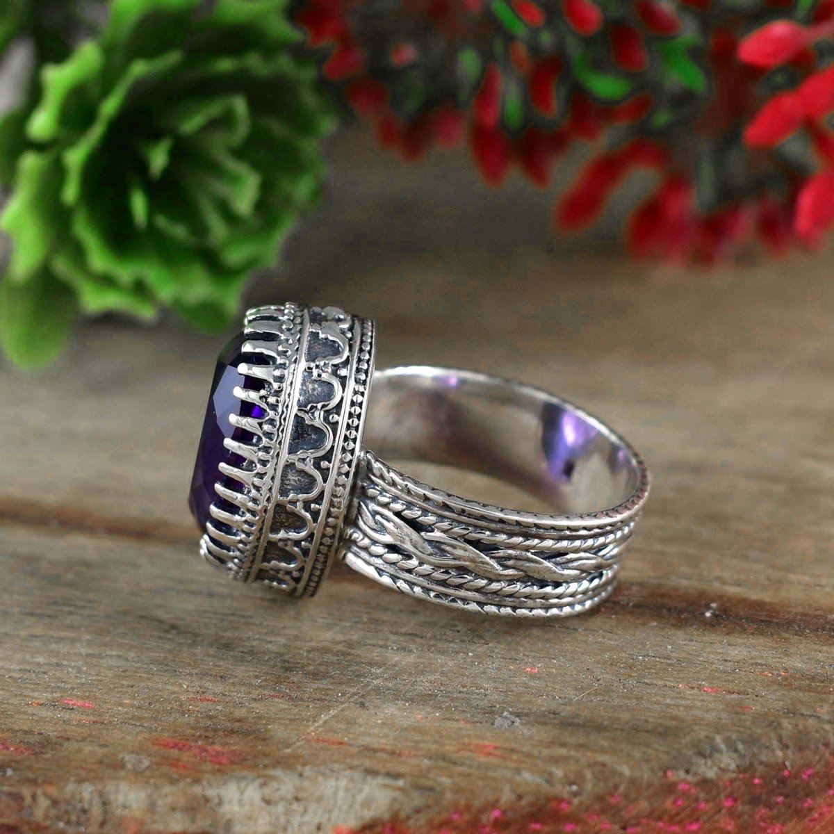 Amethyst Statement Ring – Sterling Silver Boho Ring for Her - BeadsBoatInc