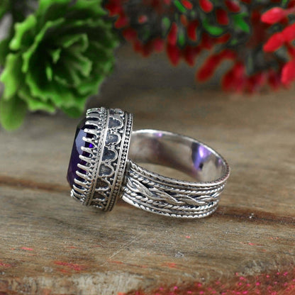 Amethyst Statement Ring – Sterling Silver Boho Ring for Her - BeadsBoatInc