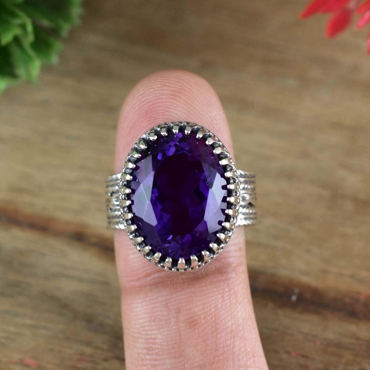 Amethyst Statement Ring – Sterling Silver Boho Ring for Her - BeadsBoatInc