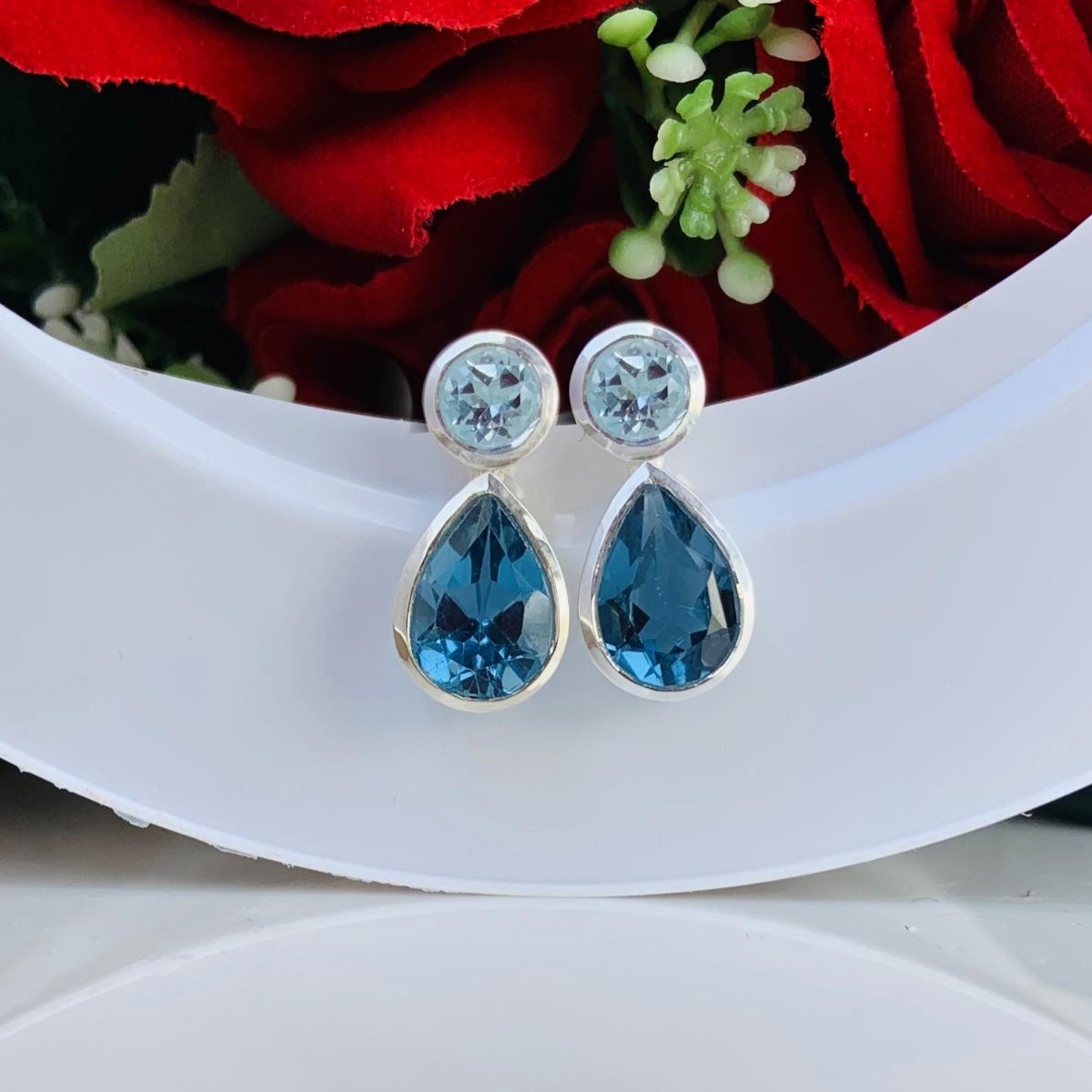 Aquamarine & London Blue Topaz Stud Earrings in 925 Sterling Silver, Gift for Her - BeadsBoatInc