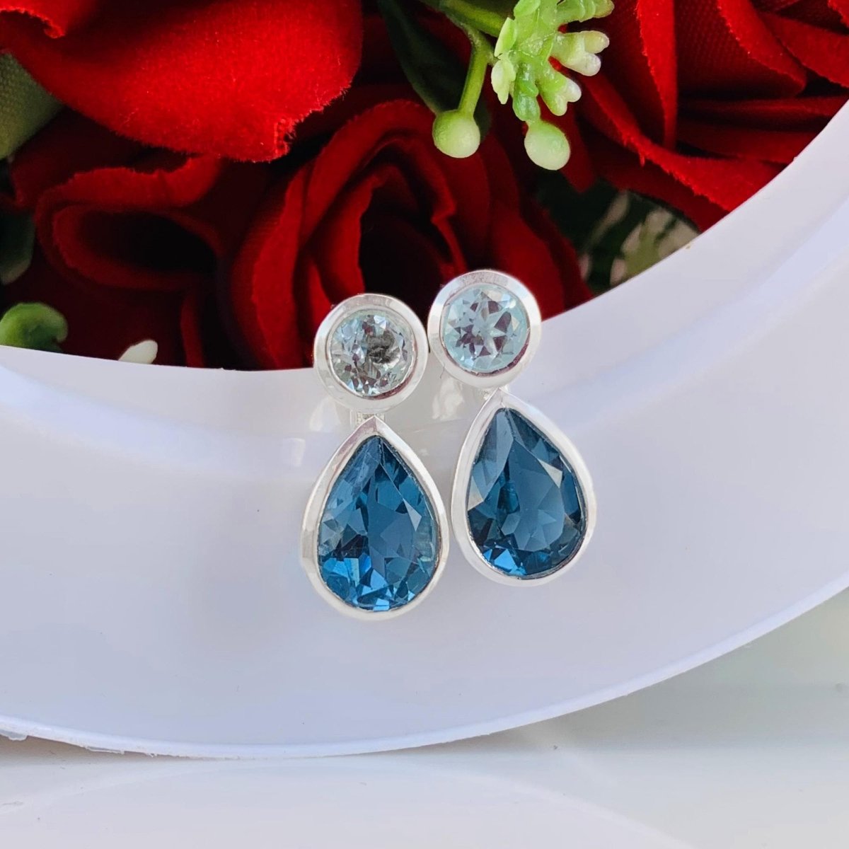 Aquamarine & London Blue Topaz Stud Earrings in 925 Sterling Silver, Gift for Her - BeadsBoatInc