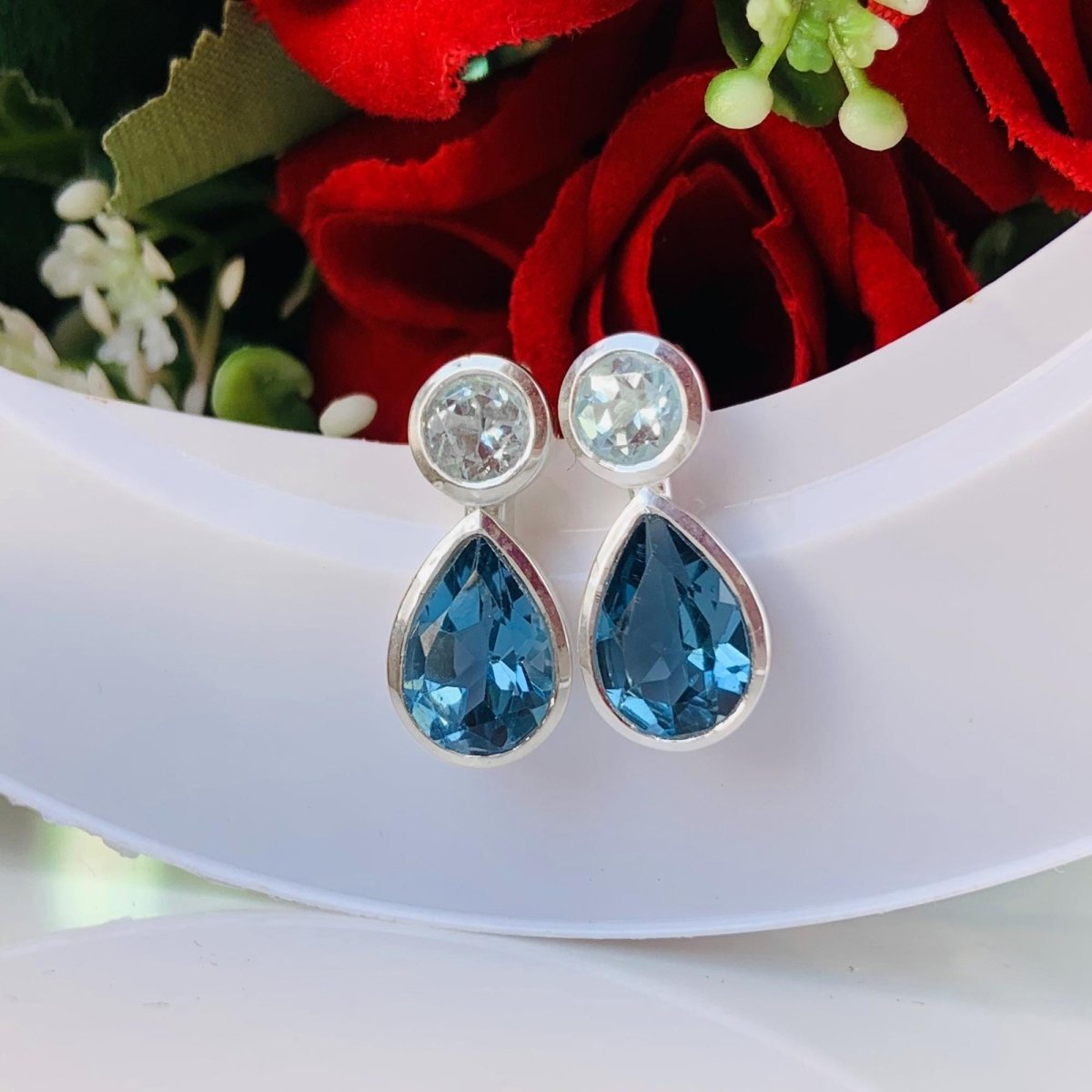 Aquamarine & London Blue Topaz Stud Earrings in 925 Sterling Silver, Gift for Her - BeadsBoatInc