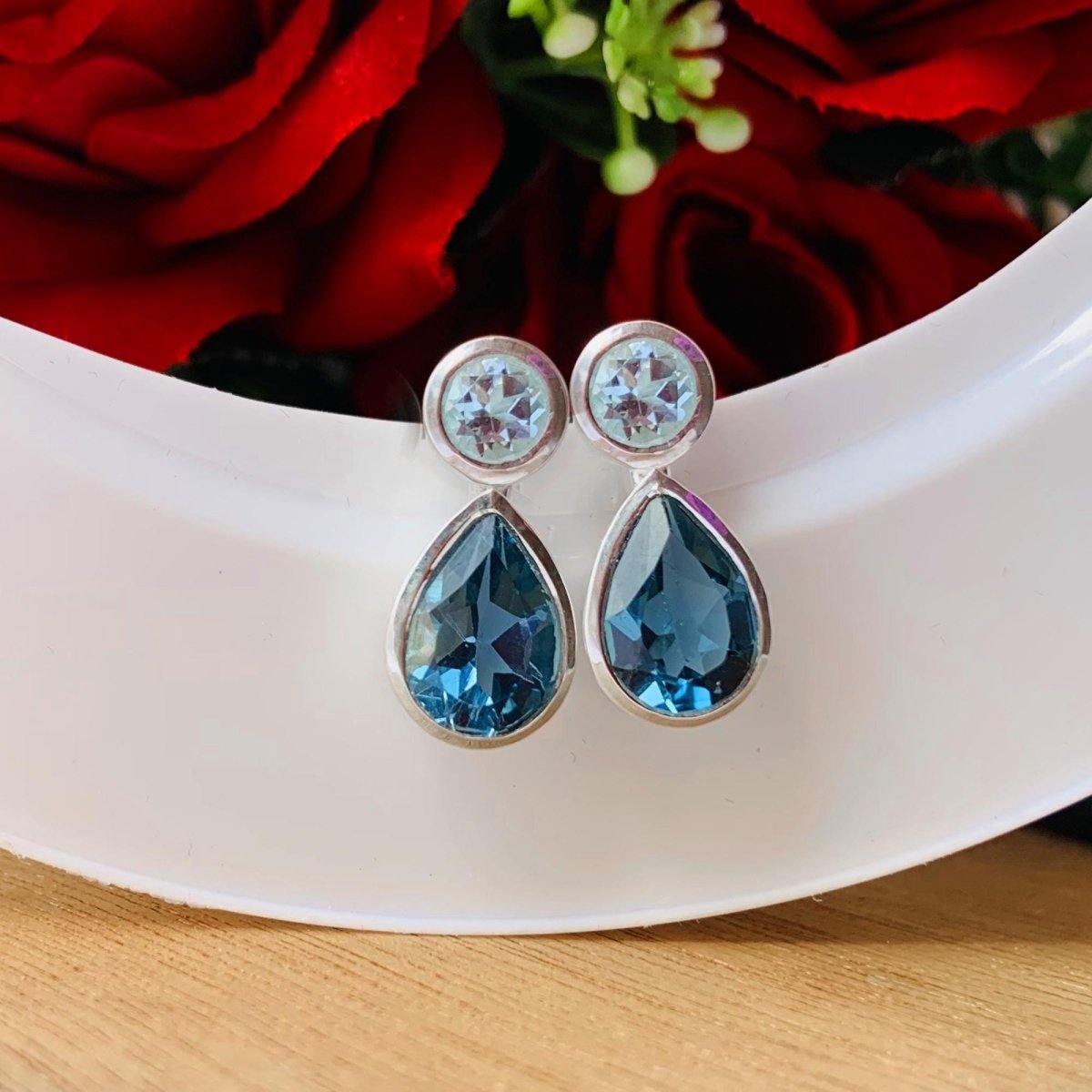Aquamarine & London Blue Topaz Stud Earrings in 925 Sterling Silver, Gift for Her - BeadsBoatInc