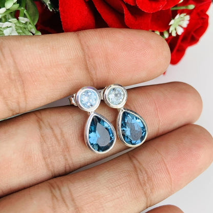 Aquamarine & London Blue Topaz Stud Earrings in 925 Sterling Silver, Gift for Her - BeadsBoatInc
