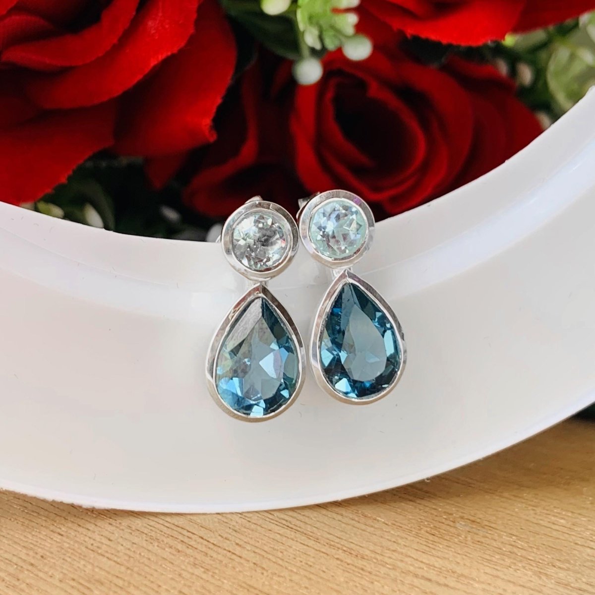Aquamarine & London Blue Topaz Stud Earrings in 925 Sterling Silver, Gift for Her - BeadsBoatInc