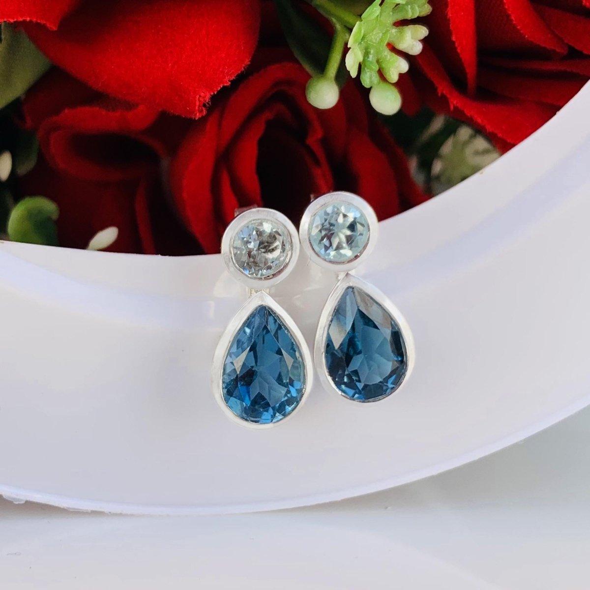 Aquamarine & London Blue Topaz Stud Earrings in 925 Sterling Silver, Gift for Her - BeadsBoatInc