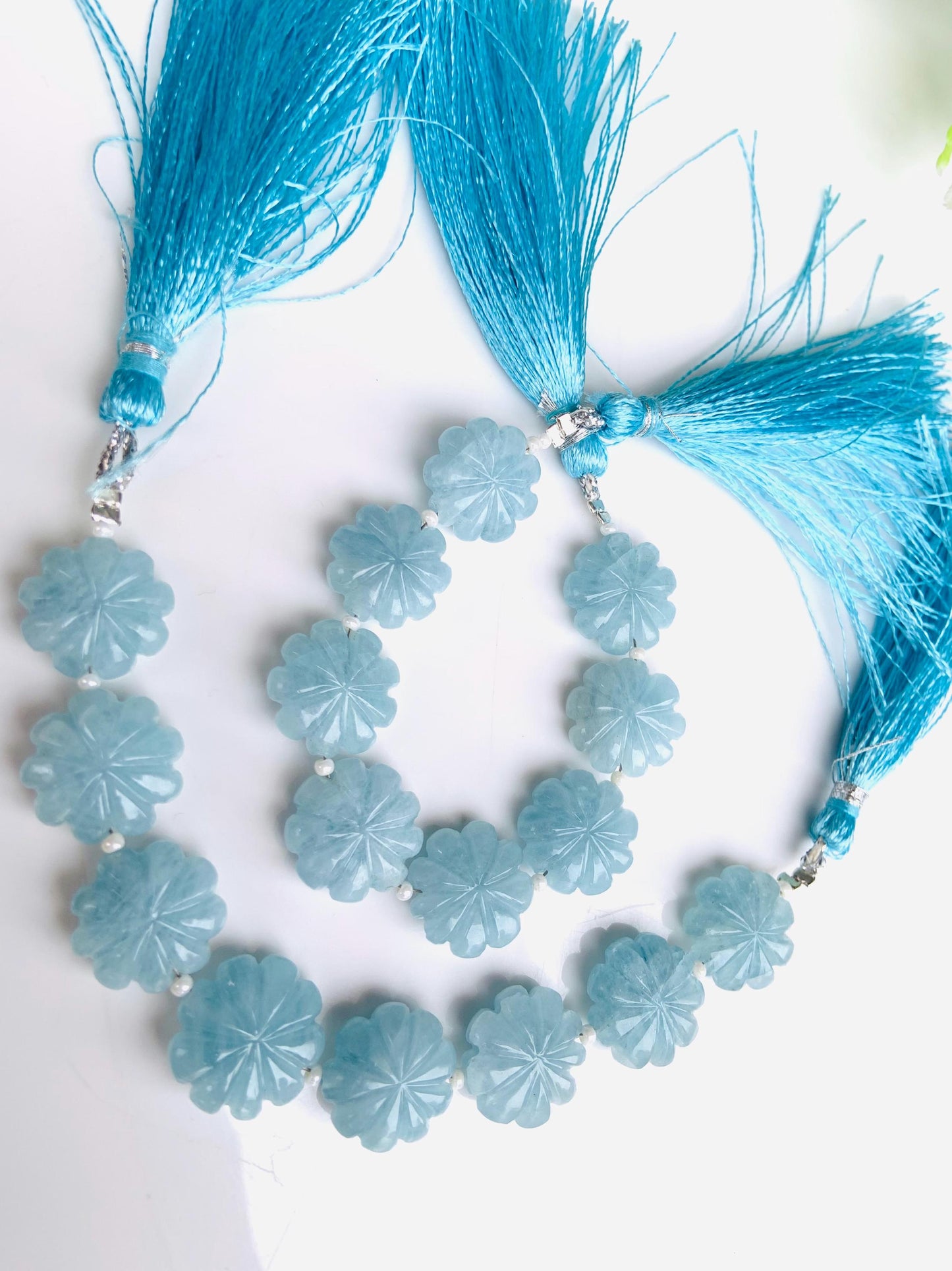 Natural Aquamarine Carved Flower Briolette Beads 14–15mm Fancy Gemstone