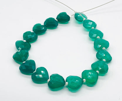 Natural Green Onyx 10mm Faceted Heart Carved Briolette Beads 17 Pcs