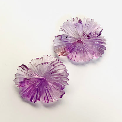 1 Pair Natural Amethyst Hand Carved Flower Shape Briolette Beads, Handmade Carving Pair Gemstone Size - 33X26X8mm