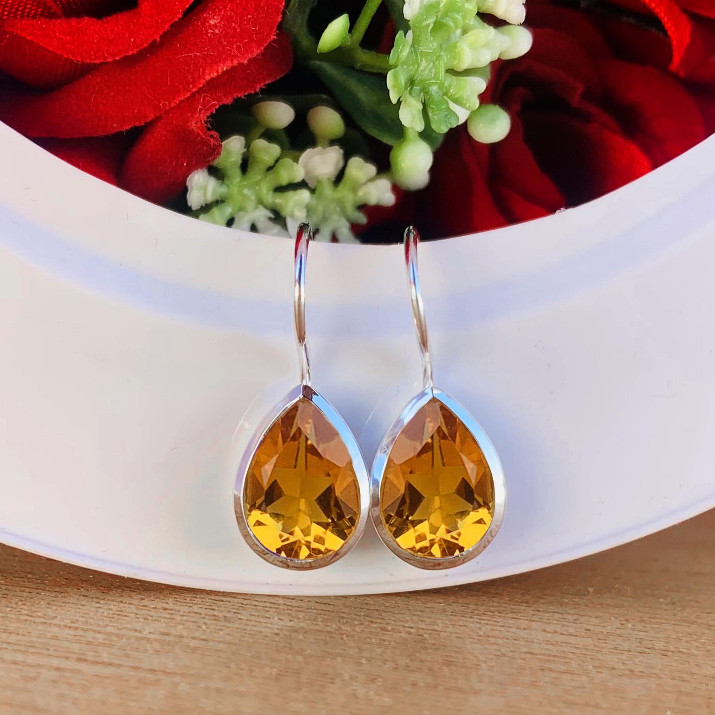 Dainty Citrine Pear Earrings - Sterling Silver & Gold Vermeil