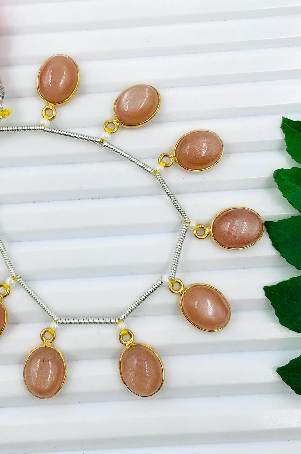 10 Pieces Natural Peach Moonstone Smooth Oval Shape Gemstone Gold Bezel Connector Jewelry Making Cabochons Semi Precious Cabochon Size 7x9mm