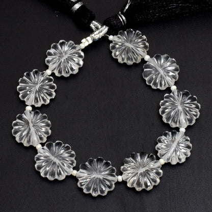 10 Pieces Natural Crystal Quartz Carved Flower Shape gemstone Flower Beads Strand | Hand Carved Crystal Floral Beads for Jewelry Making