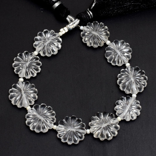 10 Pieces Natural Crystal Quartz Carved Flower Shape gemstone Flower Beads Strand | Hand Carved Crystal Floral Beads for Jewelry Making