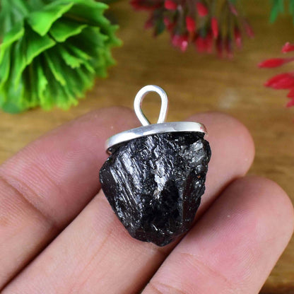 Raw Black Tourmaline Pendant, Sterling Silver Necklace, Birthstone Pendant For Her, Raw Black Crystal necklace, Chunky Pendant, P-0006