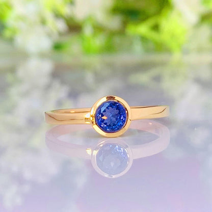 925 Sterling Silver Round Tanzanite Statement Ring -  Gold Plated