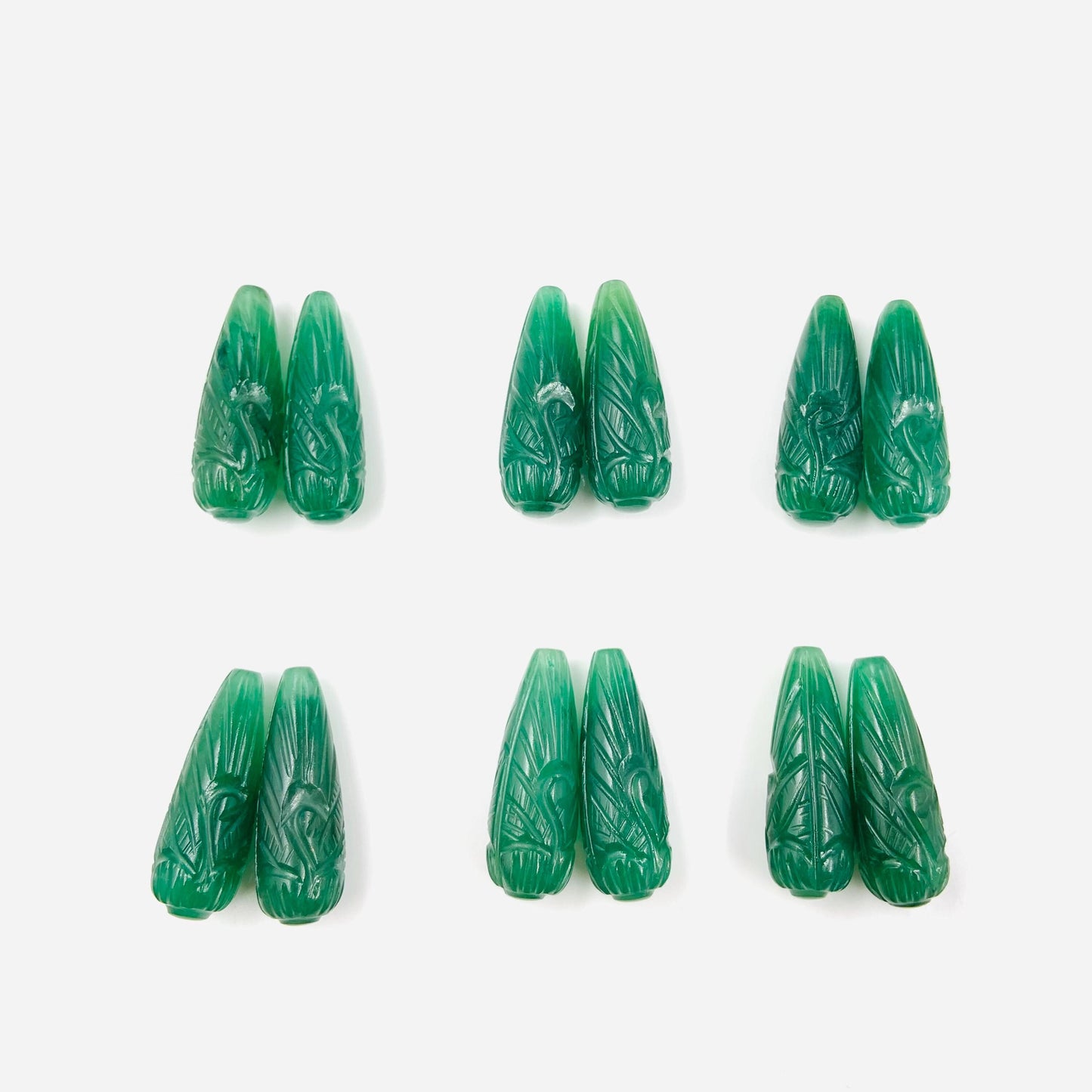 Hand Carved Green Jade Briolette Beads: Drop Shape Gemstone Pair (9x26mm