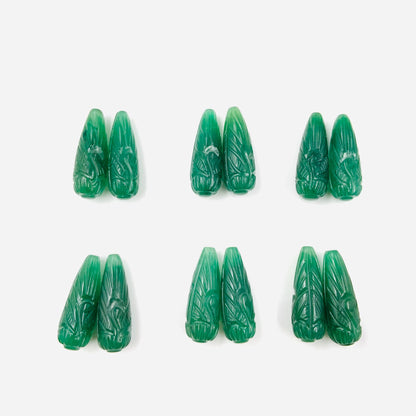 Hand Carved Green Jade Briolette Beads: Drop Shape Gemstone Pair (9x26mm
