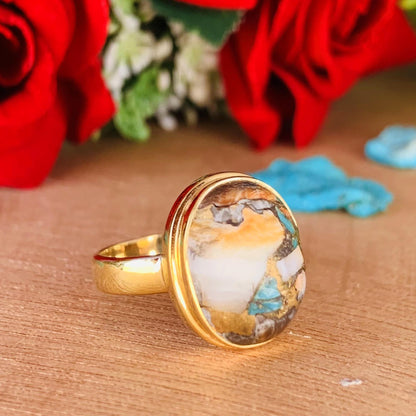Oyster Turquoise Ring ~ 18k Gold Statement Ring ~ Oval Shape Stone ~ vermeil Gold Ring ~ Ring For Her ~ Chunky Ring ~ R-0084