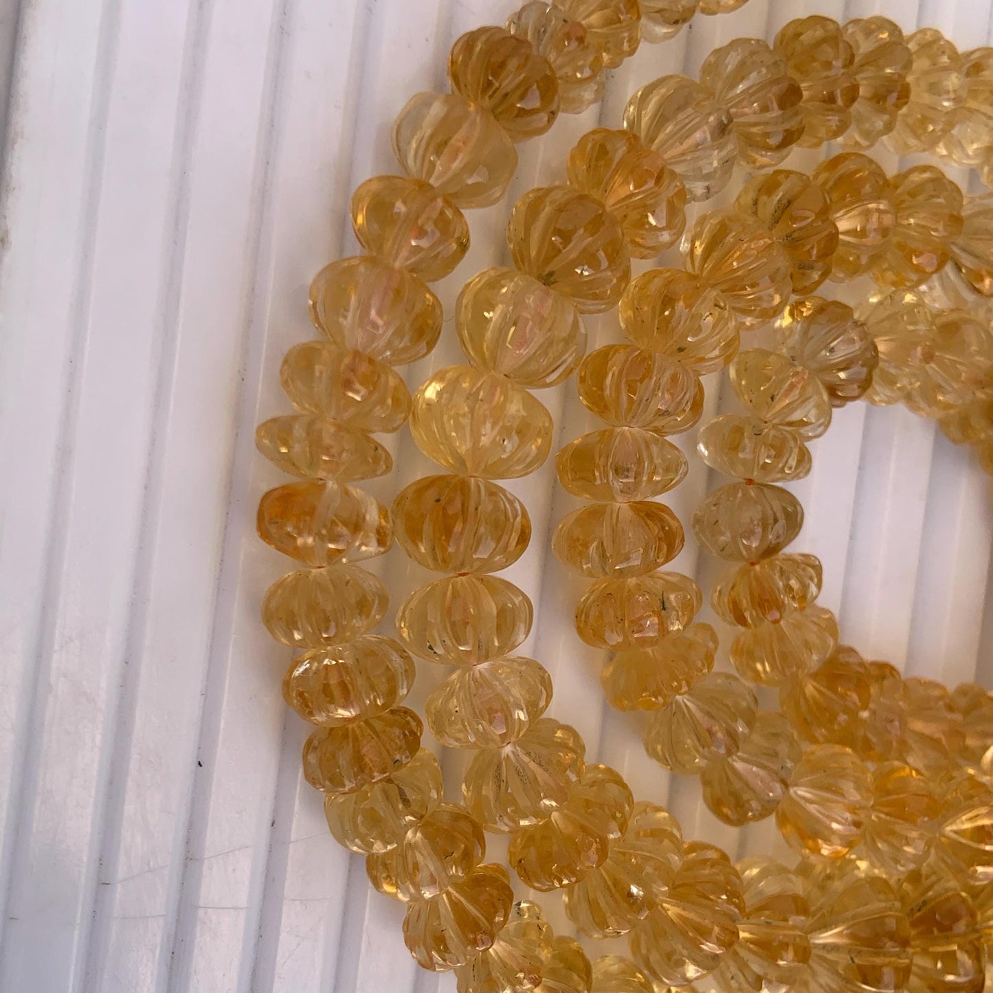 Natural Citrine Carved Melon Rondelle Beads 8 Inch Strand | Center Drill Fancy Briolette Gemstone