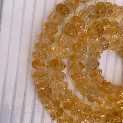 Natural Citrine Carved Melon Rondelle Beads 8 Inch Strand | Center Drill Fancy Briolette Gemstone