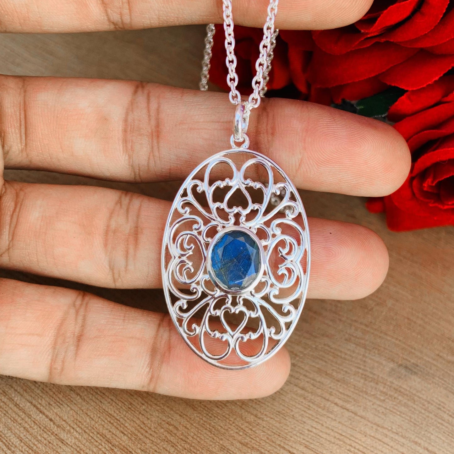 Ornate Silver Pendant ~ Natural Labradorite Necklace ~ Filigree Silver Jewelry ~ Birthday Gift For Mom ~ Promise Necklaces ~ P-0018