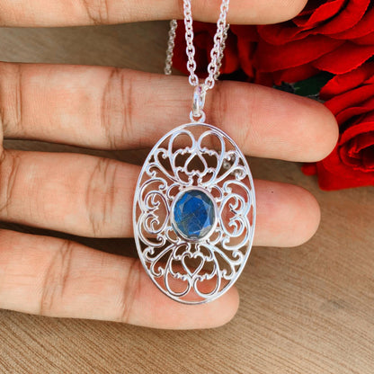 Ornate Silver Pendant ~ Natural Labradorite Necklace ~ Filigree Silver Jewelry ~ Birthday Gift For Mom ~ Promise Necklaces ~ P-0018