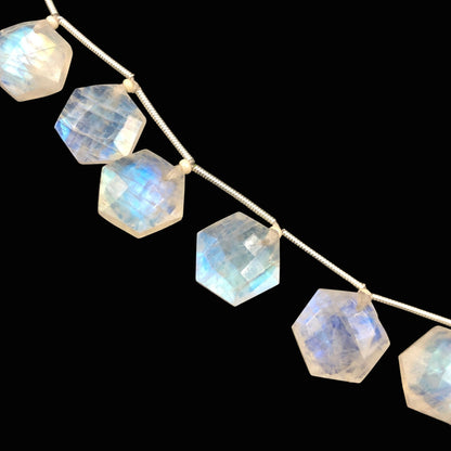 10 Pieces Natural White Rainbow Moonstone Faceted Hexagon Shape Beads , Top Face Drill , Jewelry Making Gemstone , SKU - BBI1080