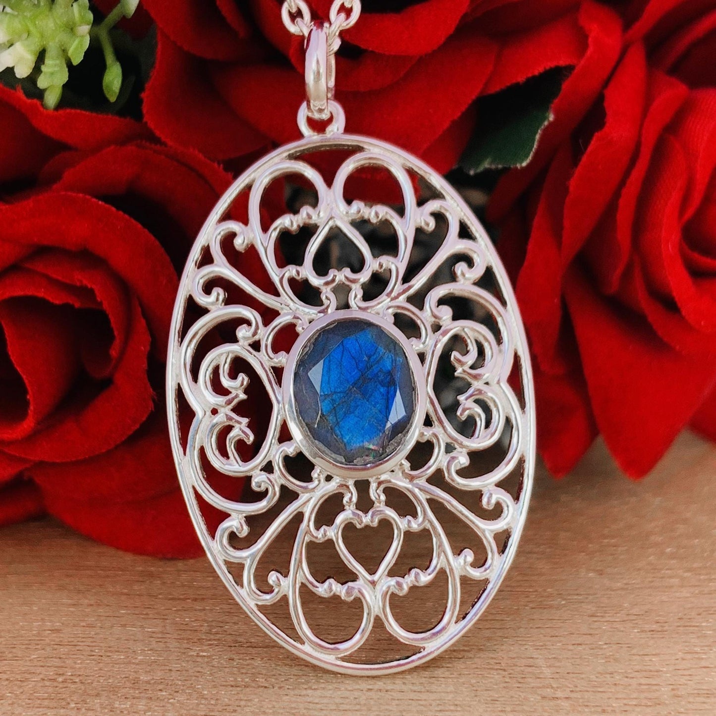 Ornate Silver Pendant ~ Natural Labradorite Necklace ~ Filigree Silver Jewelry ~ Birthday Gift For Mom ~ Promise Necklaces ~ P-0018
