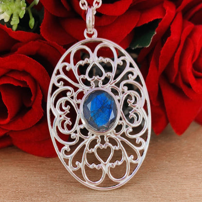 Ornate Silver Pendant ~ Natural Labradorite Necklace ~ Filigree Silver Jewelry ~ Birthday Gift For Mom ~ Promise Necklaces ~ P-0018