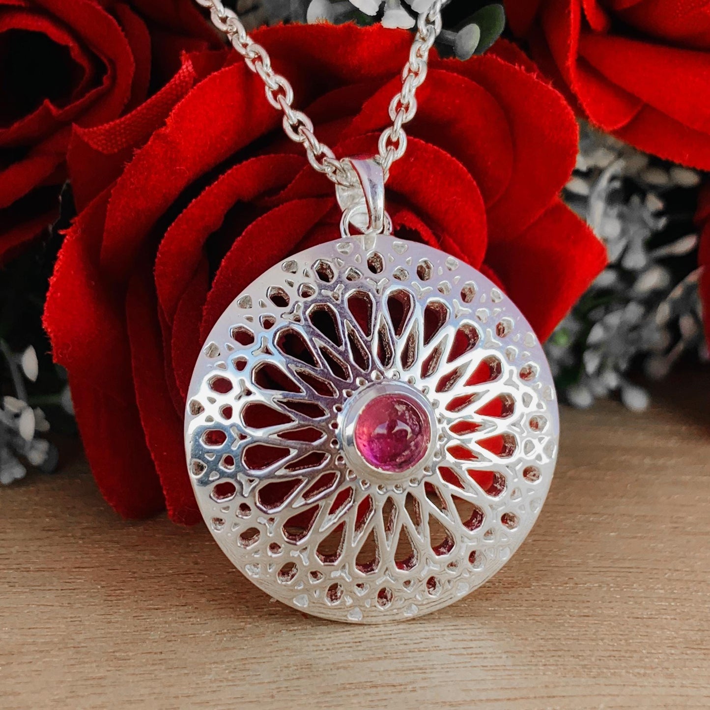 Chakra Round Tourmaline Filigree Silver Necklace
