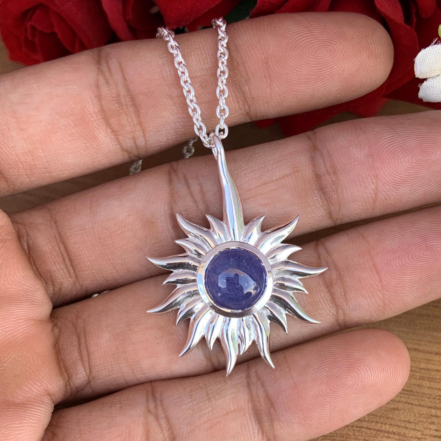 Tanzanite Celestial Necklace – Silver Statement Pendant, Gift for Her