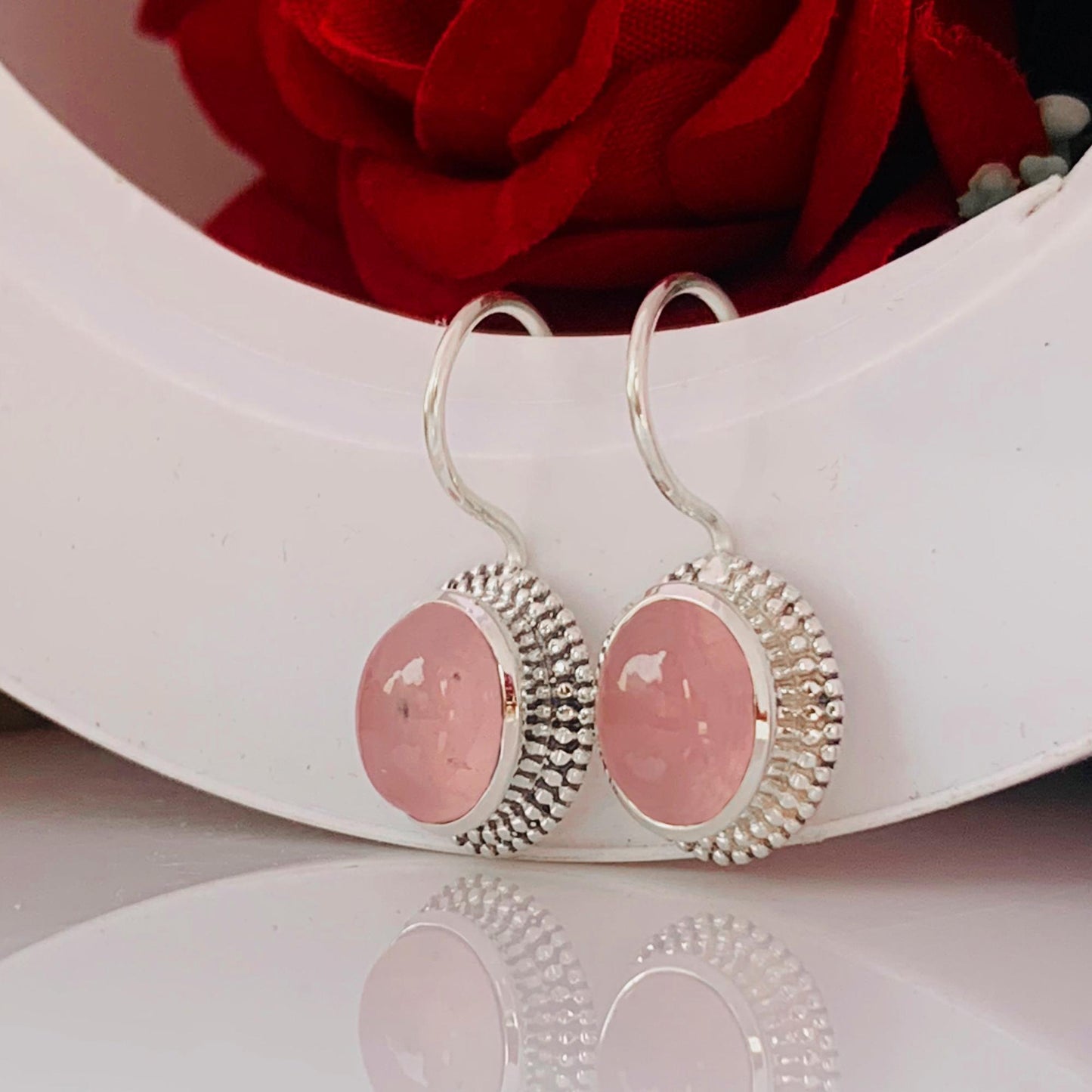 Pastel Pink Rose Quartz Silver Earrings ~ Boho Silver Jewelry For Her ~ Dangling Statement Earrings ~ Oval Shape Stone Earrings ~ E-0019