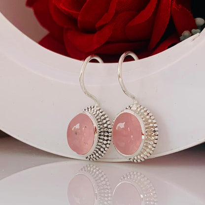 Pastel Pink Rose Quartz Silver Earrings ~ Boho Silver Jewelry For Her ~ Dangling Statement Earrings ~ Oval Shape Stone Earrings ~ E-0019
