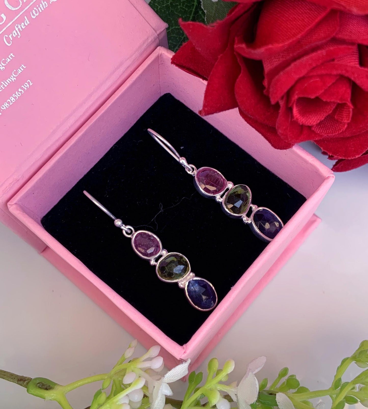 Rosecut Ruby, Peridot and kyanite combination silver Earrings ~ Birthstone Earrings ~ Birthday Gift For Her ~ Handmade Silver Jewelry ~ E-45