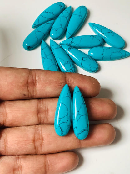 1 Pair Synthetic turquoise Smooth Long Pear Shape Flat back Gemstone Size 10x31mm, Matching Pair Briolette, Earring Making gift for her