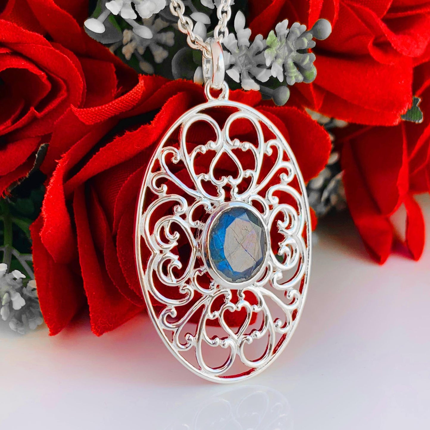 Ornate Silver Pendant ~ Natural Labradorite Necklace ~ Filigree Silver Jewelry ~ Birthday Gift For Mom ~ Promise Necklaces ~ P-0018