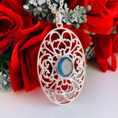 Ornate Silver Pendant ~ Natural Labradorite Necklace ~ Filigree Silver Jewelry ~ Birthday Gift For Mom ~ Promise Necklaces ~ P-0018