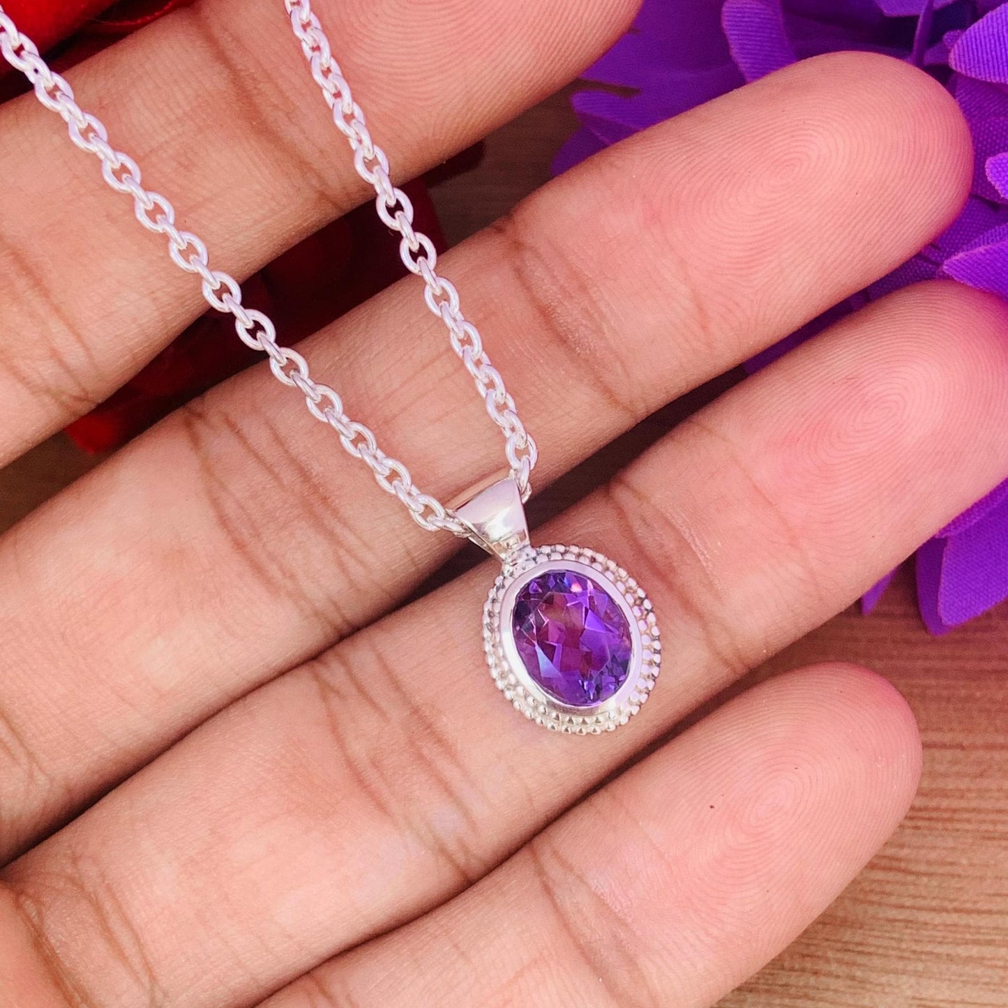 Dainty Oval Amethyst 925 Sterling Silver Necklace
