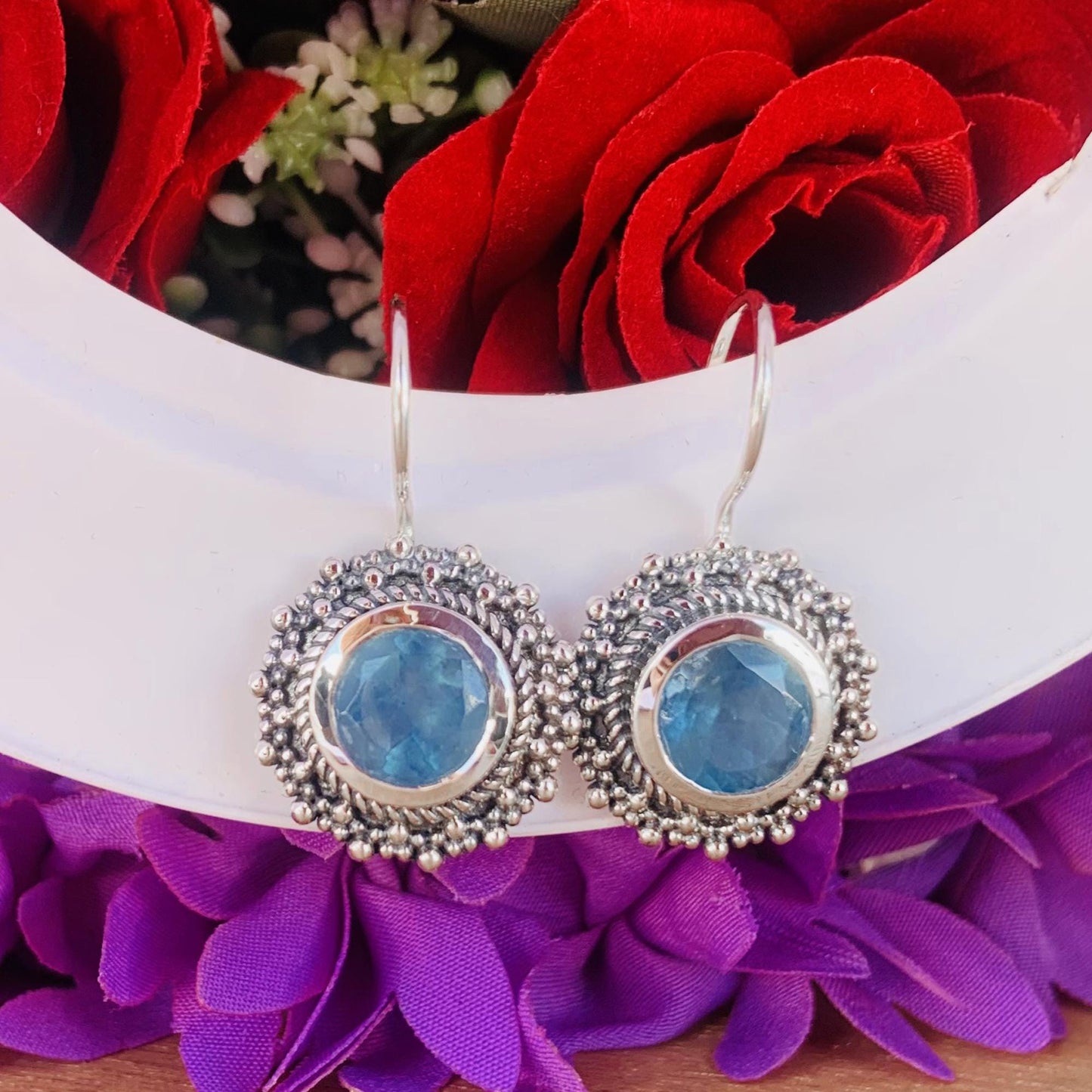 Round Blue Aquamarine Earrings ~ Boho Style Silver Earrings ~ birthstone earring ~ Dangling Earrings ~ Gift For Her ~ E-0029