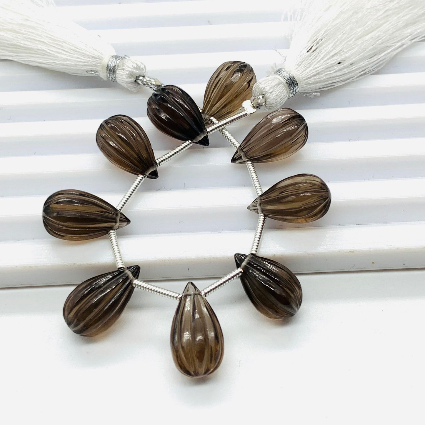 10 Pieces Natural Smoky Quartz Carved Drops Briolette Beads Size 14x8mm Natural Smoky Quartz Faceted Gemstone Tear drops for Jewelry making