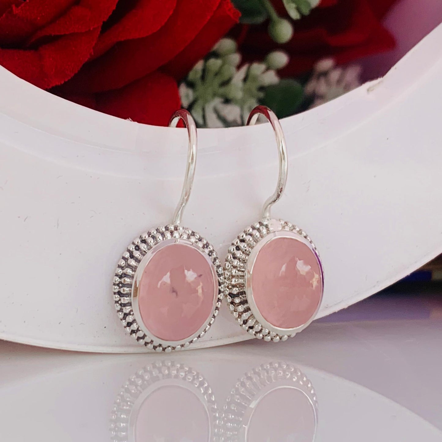 Pastel Pink Rose Quartz Silver Earrings ~ Boho Silver Jewelry For Her ~ Dangling Statement Earrings ~ Oval Shape Stone Earrings ~ E-0019