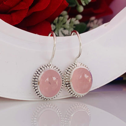 Pastel Pink Rose Quartz Silver Earrings ~ Boho Silver Jewelry For Her ~ Dangling Statement Earrings ~ Oval Shape Stone Earrings ~ E-0019