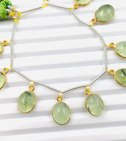 Natural Prehnite Smooth Oval Gemstone Gold Bezel Connector 8x10mm