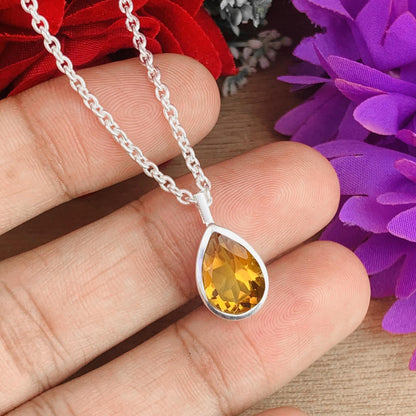 Natural Citrine 925 Silver Dainty Necklace - Pear Shape Minimalist Pendant