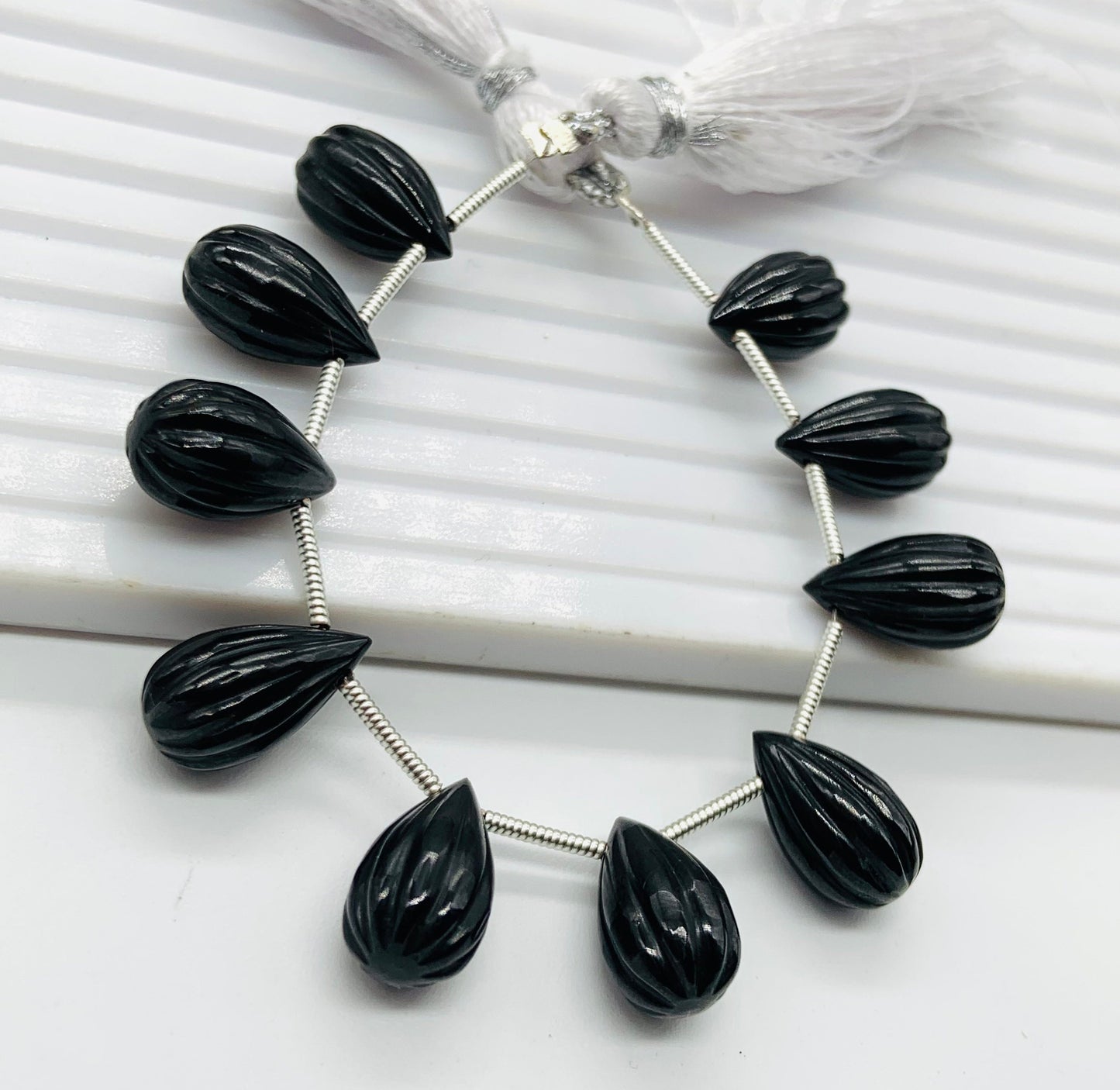 Natural  Black Onyx Teardrop Beads 14x8mm – 10pcs Carved Faceted Drops Briolette