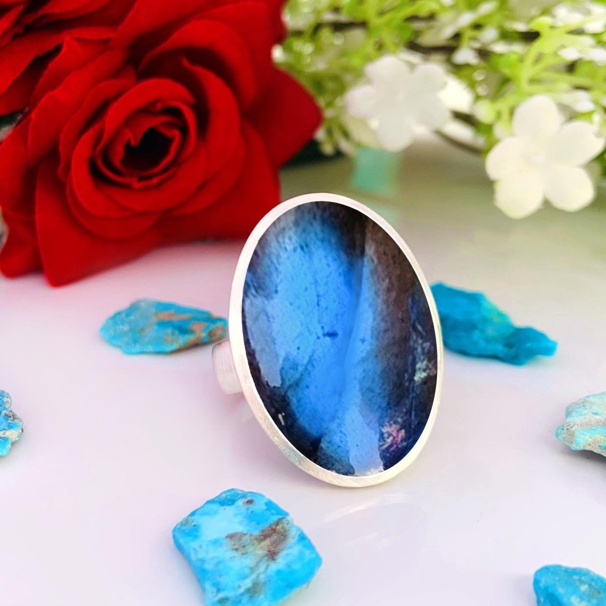 Big Oval Labradorite Ring – Matte 925 Silver Statement Cocktail Ring for Women - BeadsBoatInc