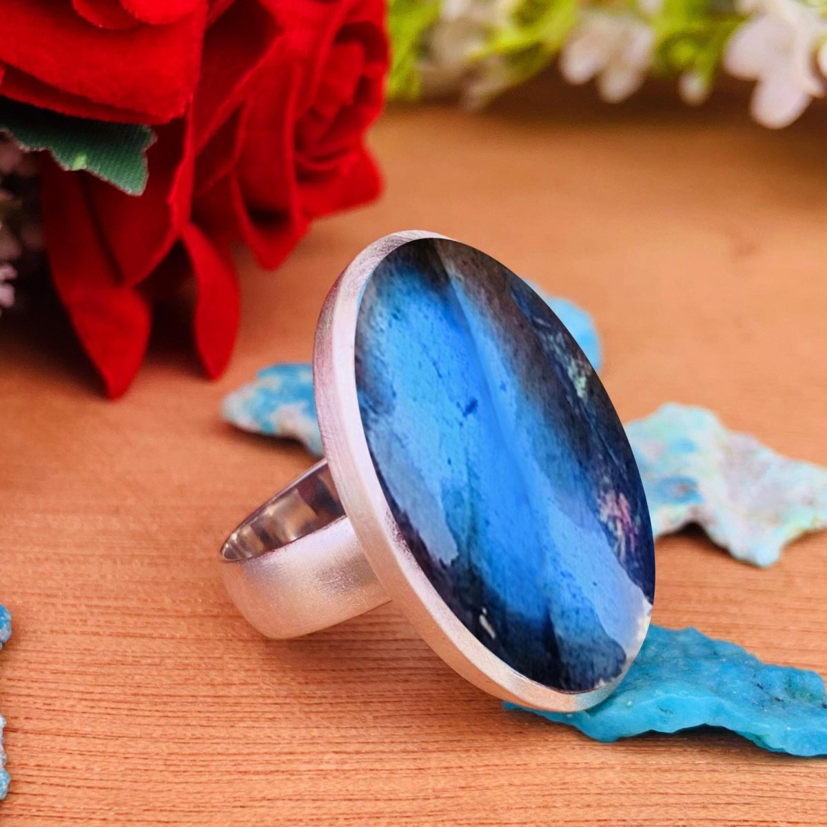 Big Oval Labradorite Ring – Matte 925 Silver Statement Cocktail Ring for Women - BeadsBoatInc