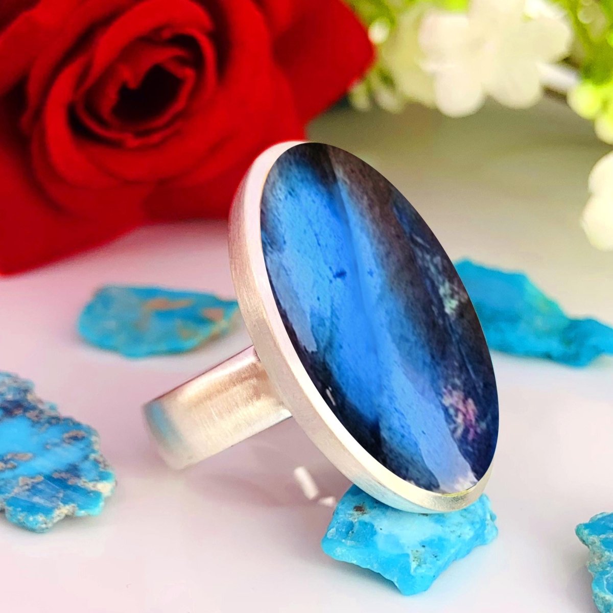 Big Oval Labradorite Ring – Matte 925 Silver Statement Cocktail Ring for Women - BeadsBoatInc
