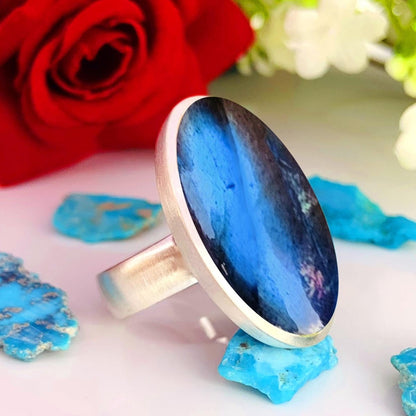 Big Oval Labradorite Ring – Matte 925 Silver Statement Cocktail Ring for Women - BeadsBoatInc