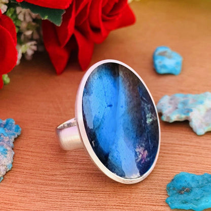 Big Oval Labradorite Ring – Matte 925 Silver Statement Cocktail Ring for Women - BeadsBoatInc